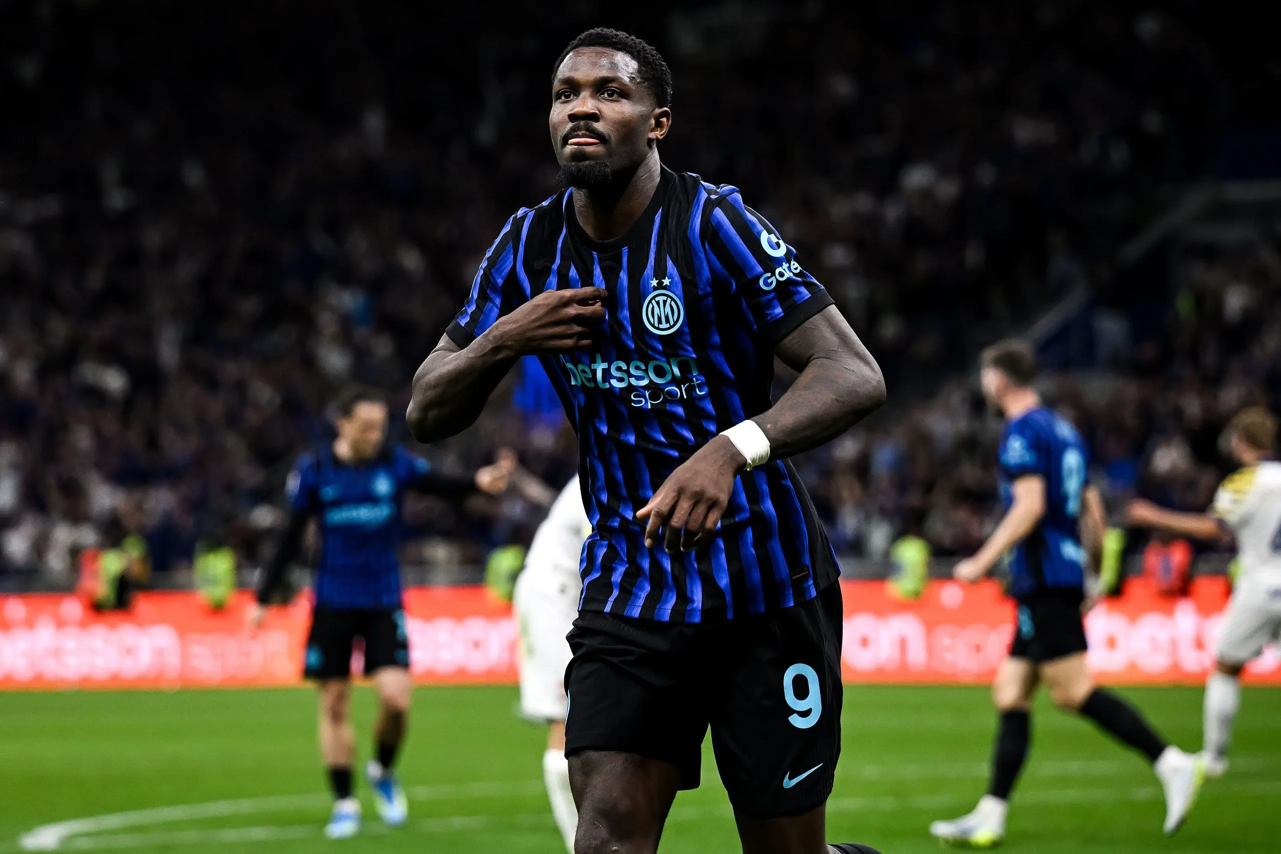 Marcus Thuram reacts after putting Inter ahead against Parma.