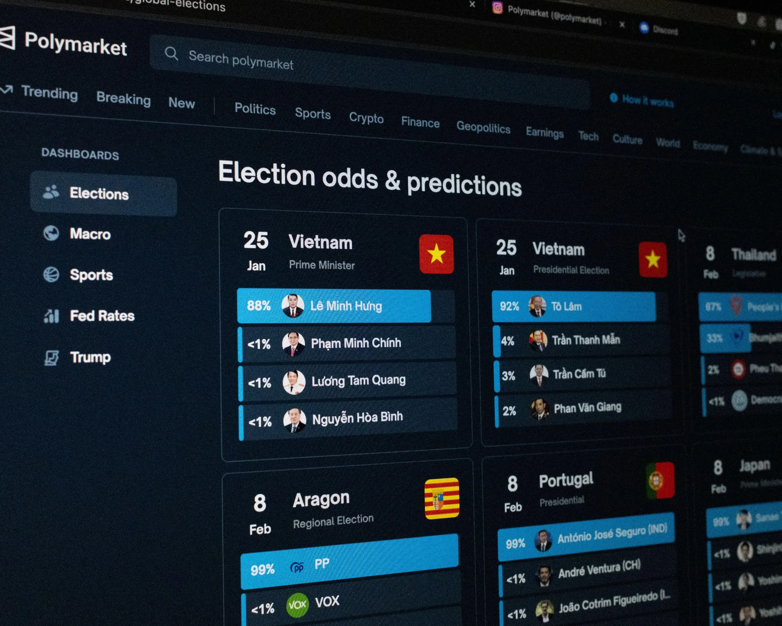 A webpage from Polymarket online betting platform