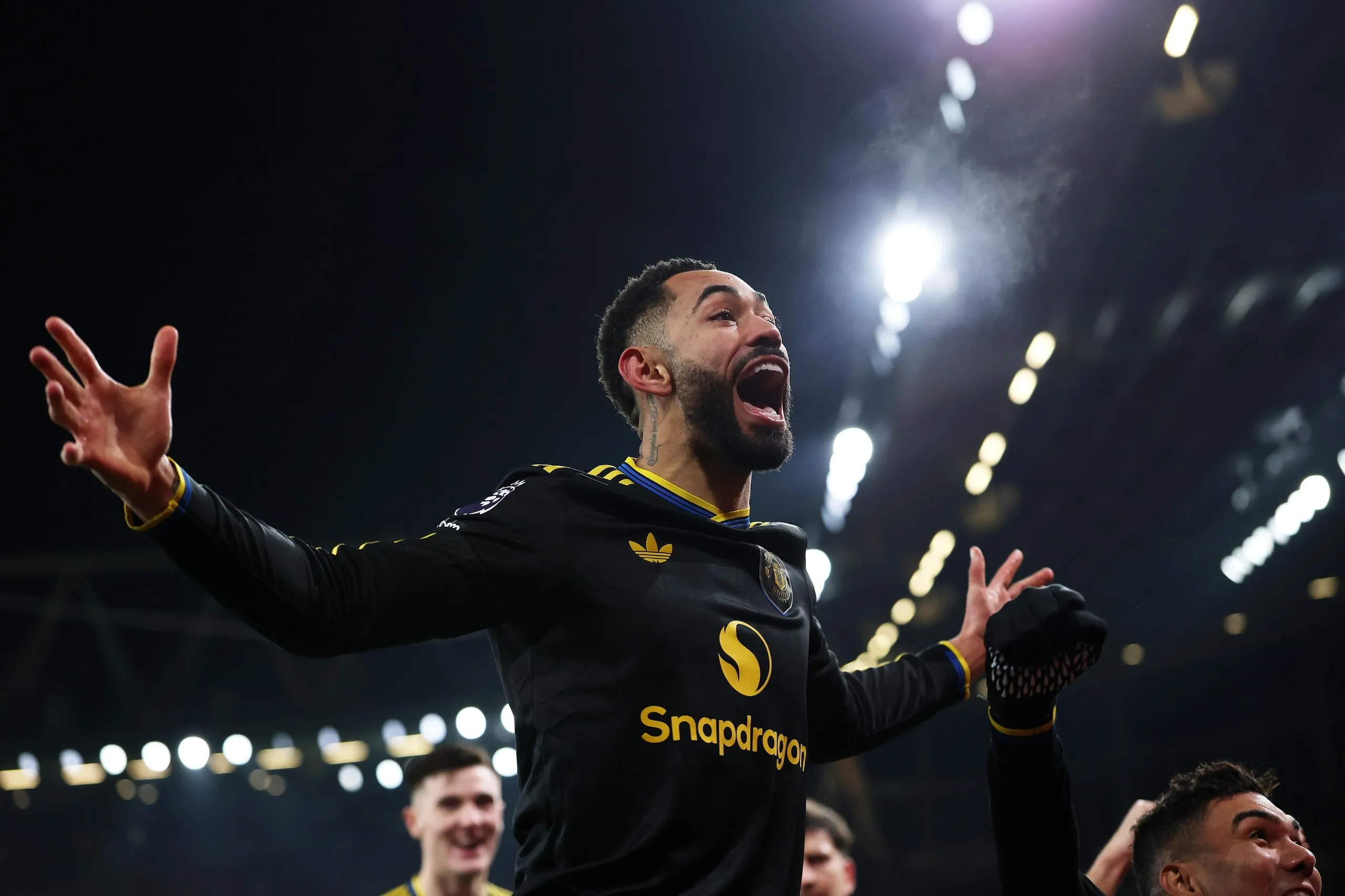 Matheus Cunha of Manchester United celebrates scoring the winning goal at Arsenal in January.