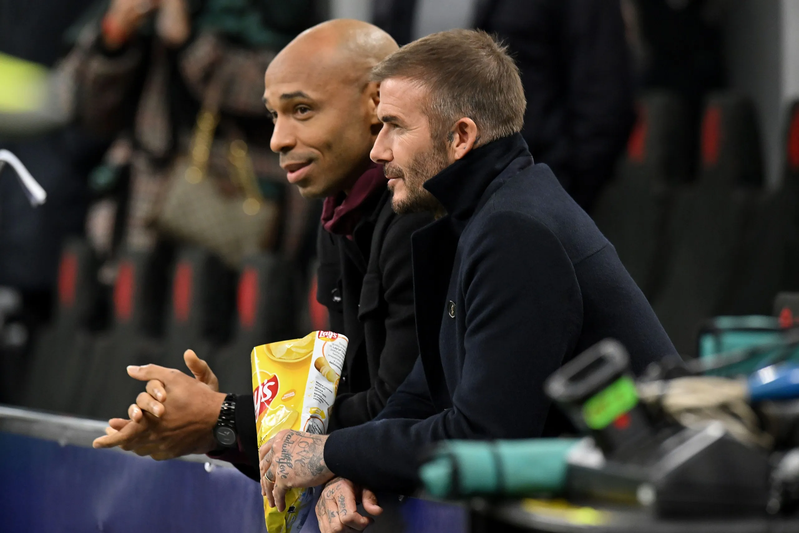 Thierry Henry (left) and David Beckham pictured while filming their Lay’s advert