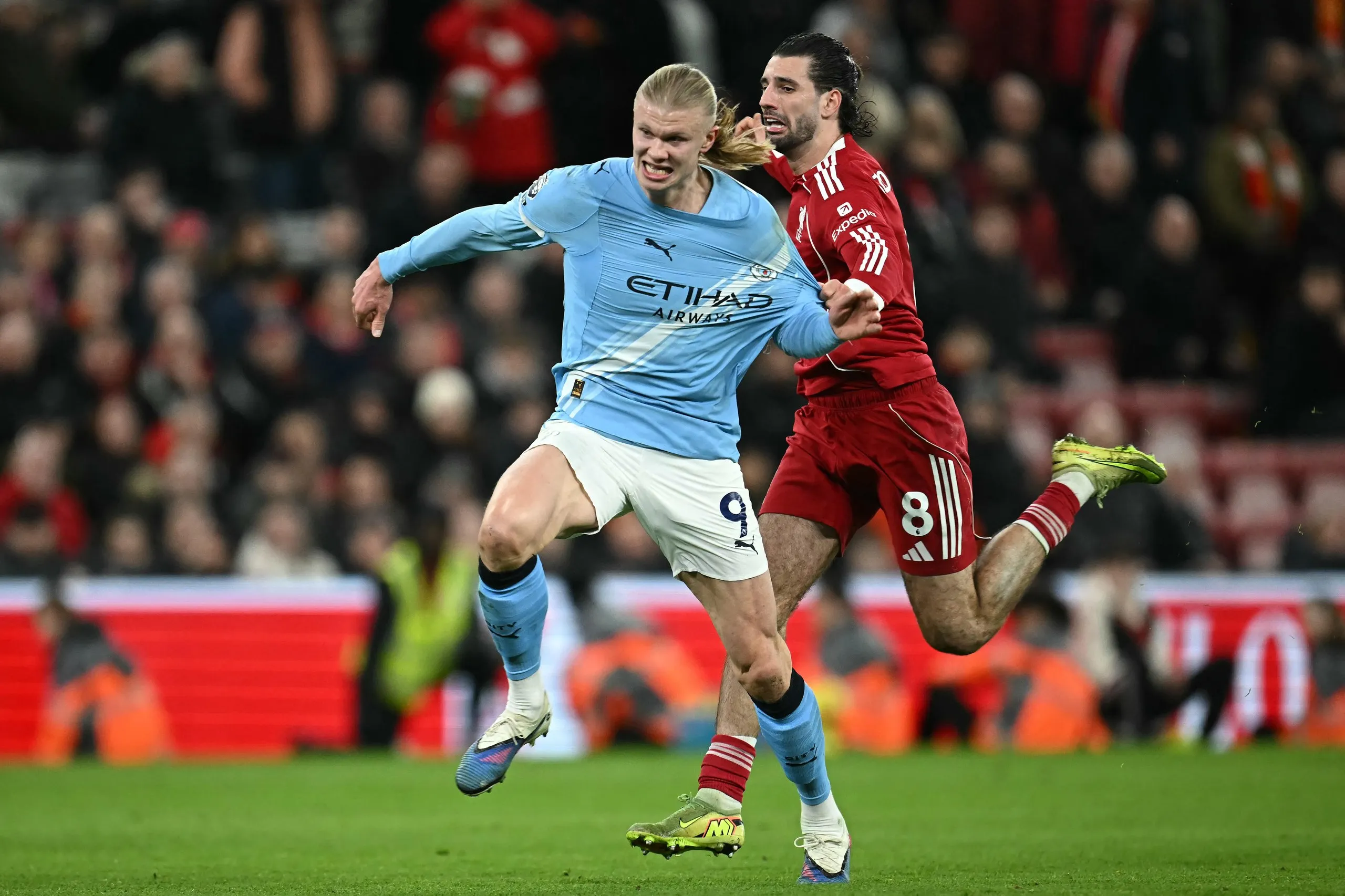 Dominik Szoboszlai and Erling Haaland at Anfield in February.