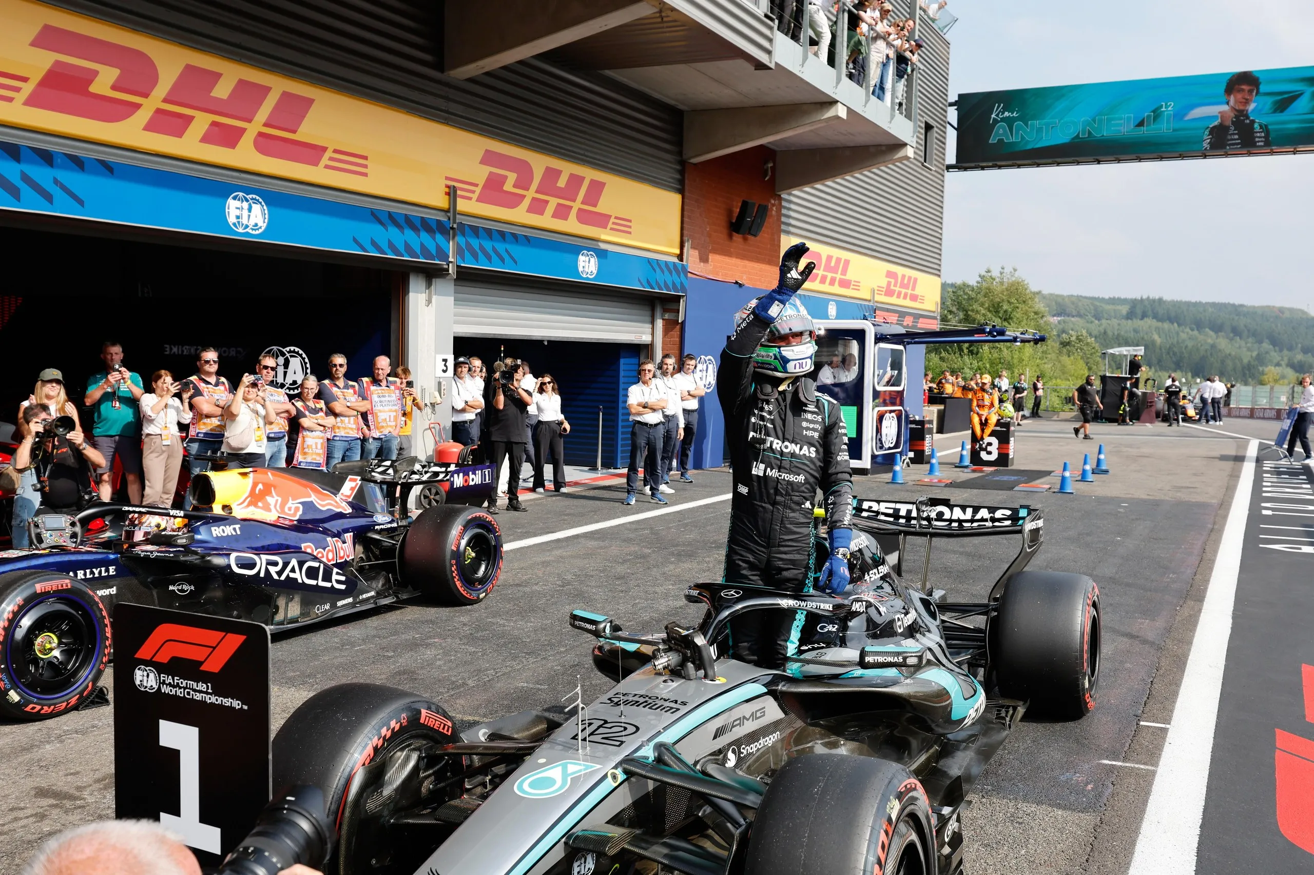 Mercedes driver Kimi Antonelli celebrates after qualifying for pole position at the Belgium Grand Prix.