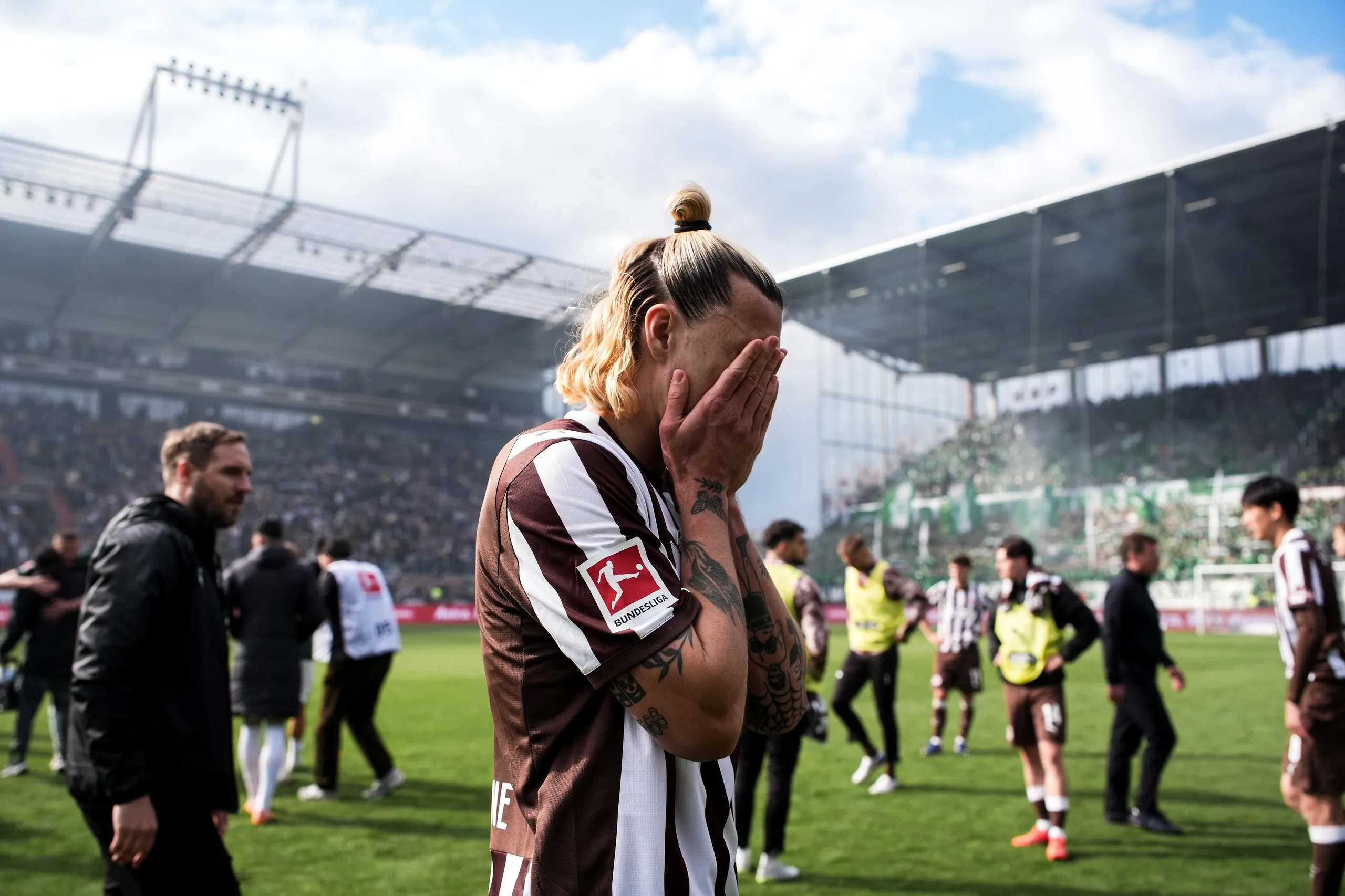 Jackson Irvine reacts after St Pauli were relegated from the Bundesliga