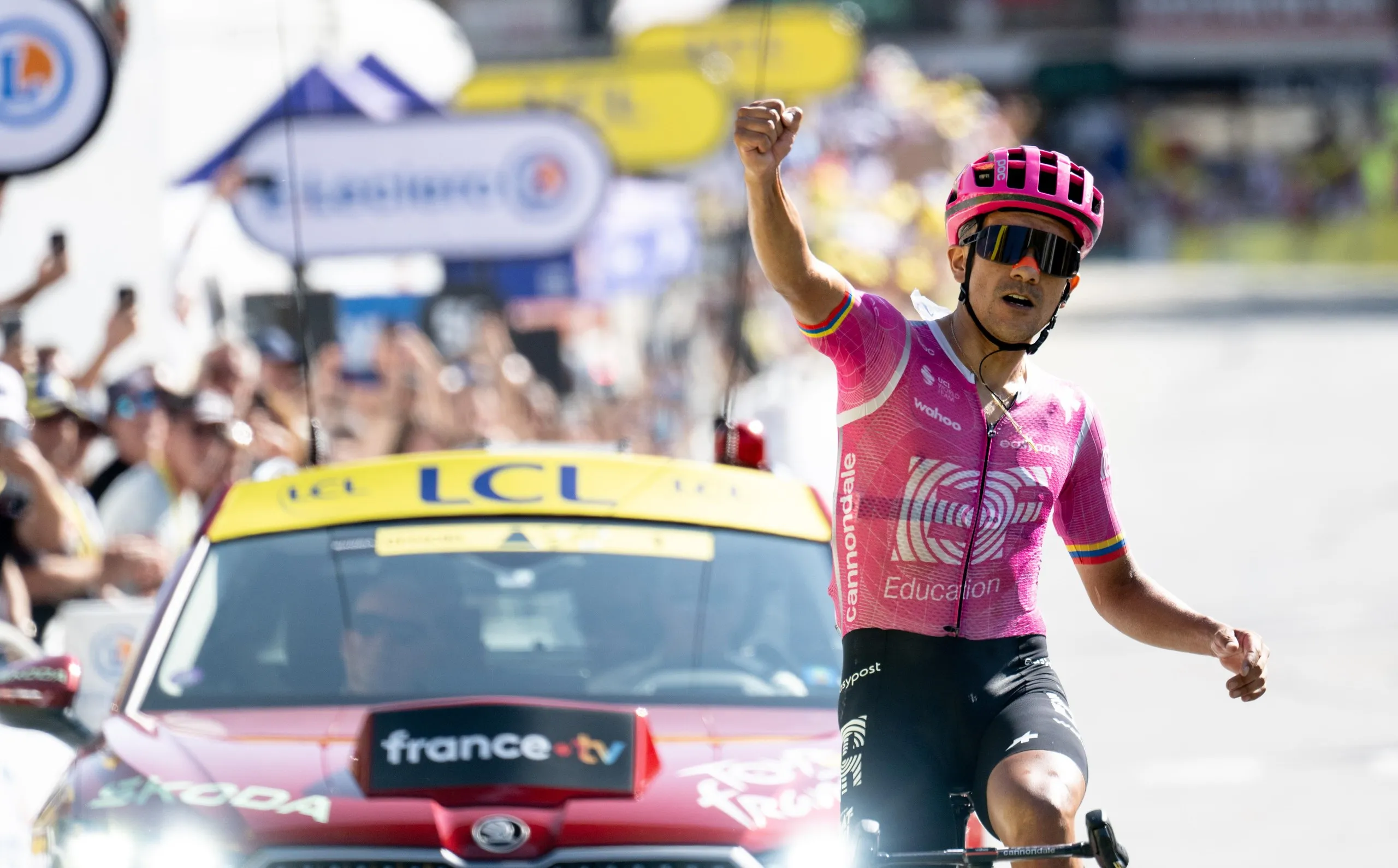 Richard Carapaz for EF Education Easy Post celebrates after winning stage 18.