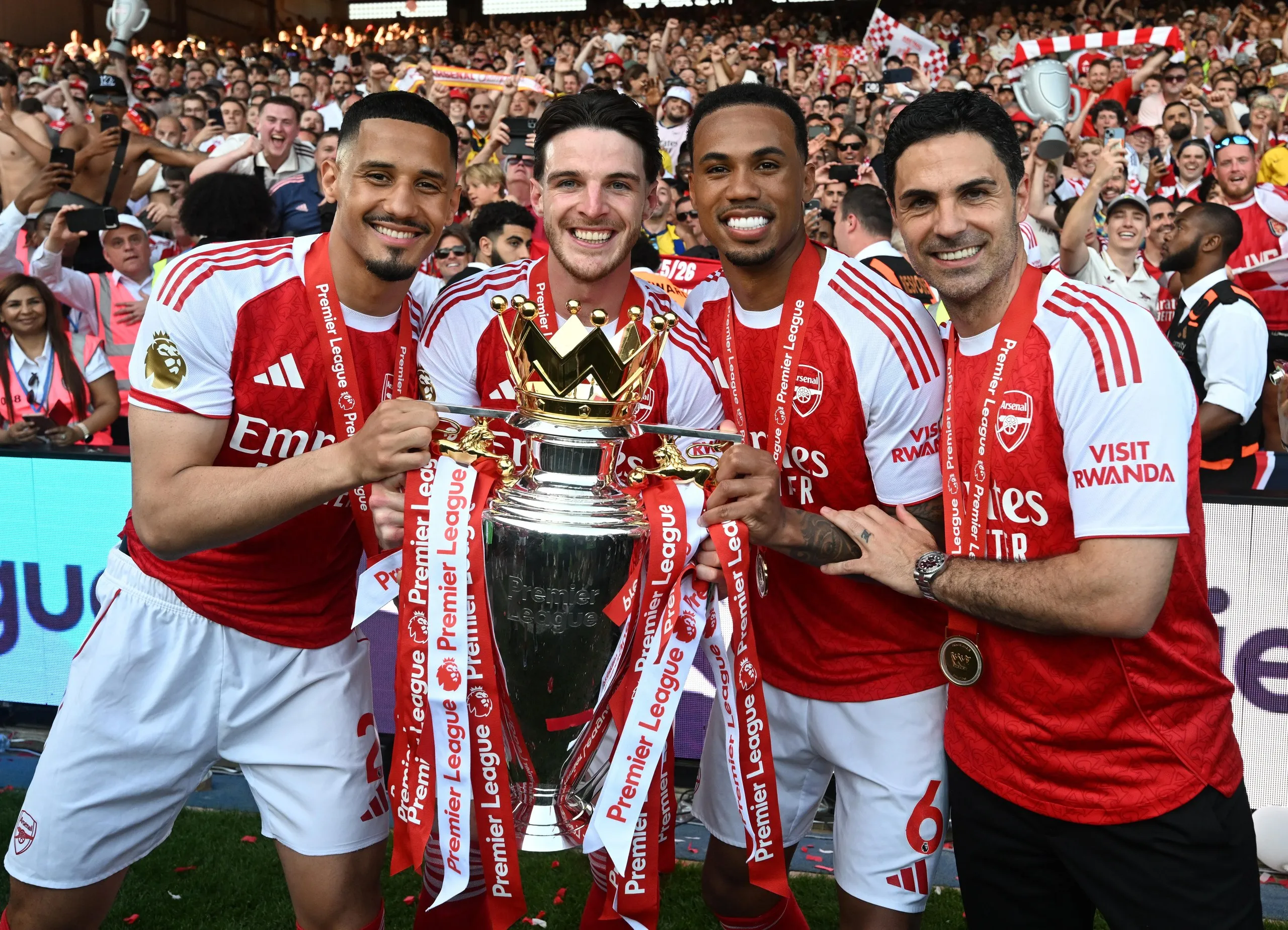 Arsenal’s William Saliba, Declan Rice and Gabriel Magalhães with the Premier