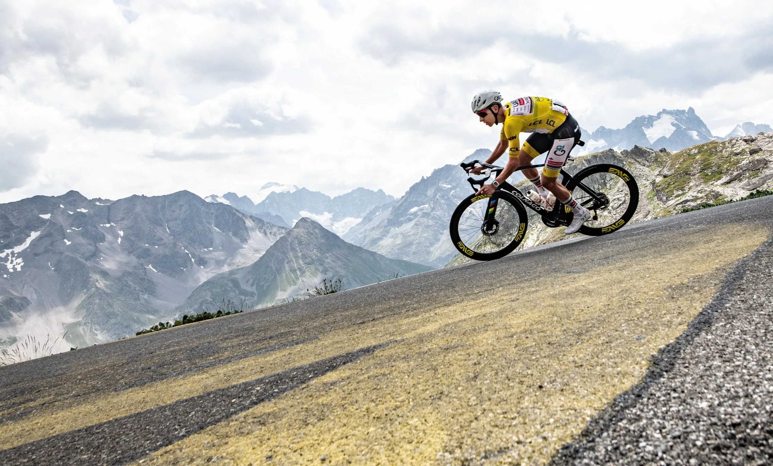 Tadej Pogacar descends the Galibier.