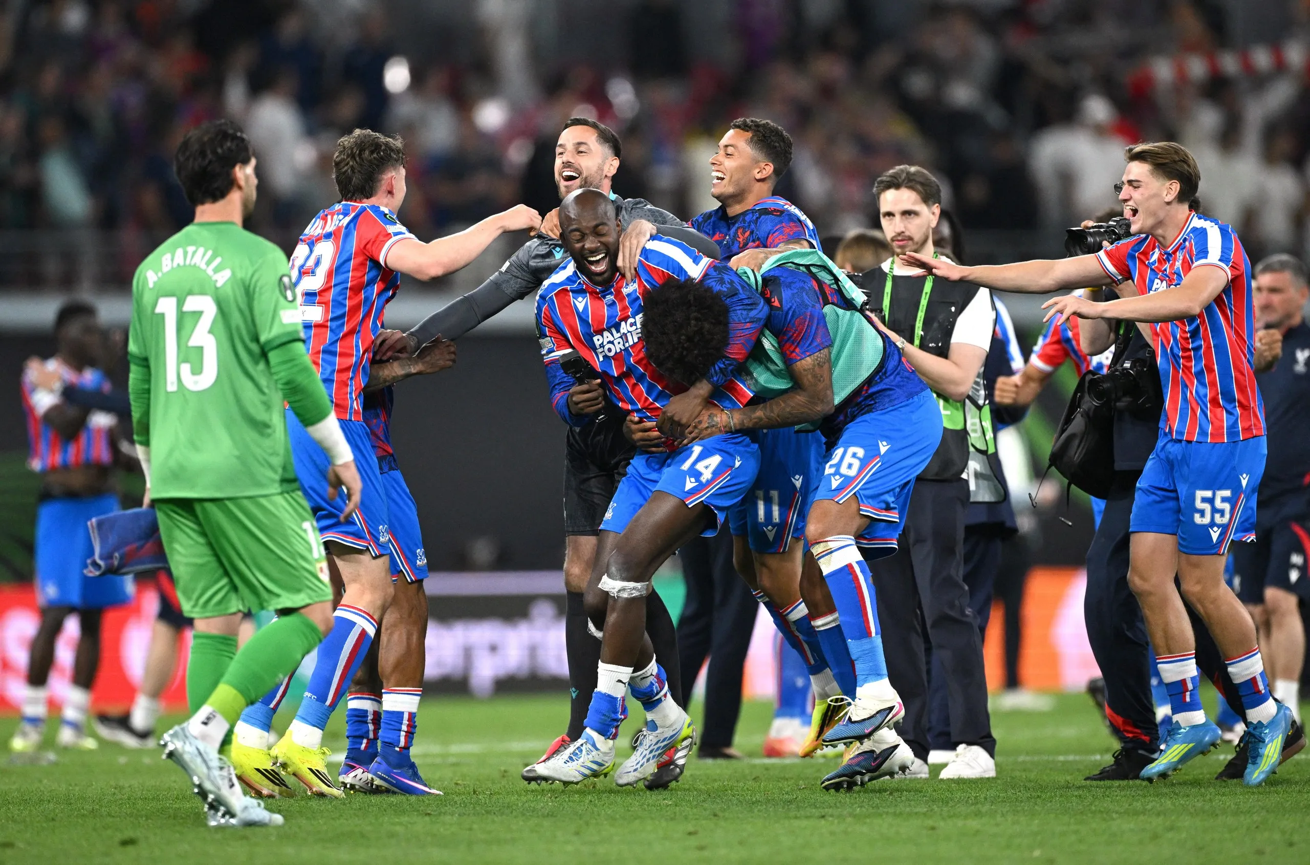 Crystal Palace’s Jean-Philippe Mateta with teammates celebrate after winning the UEFA Conference League.
