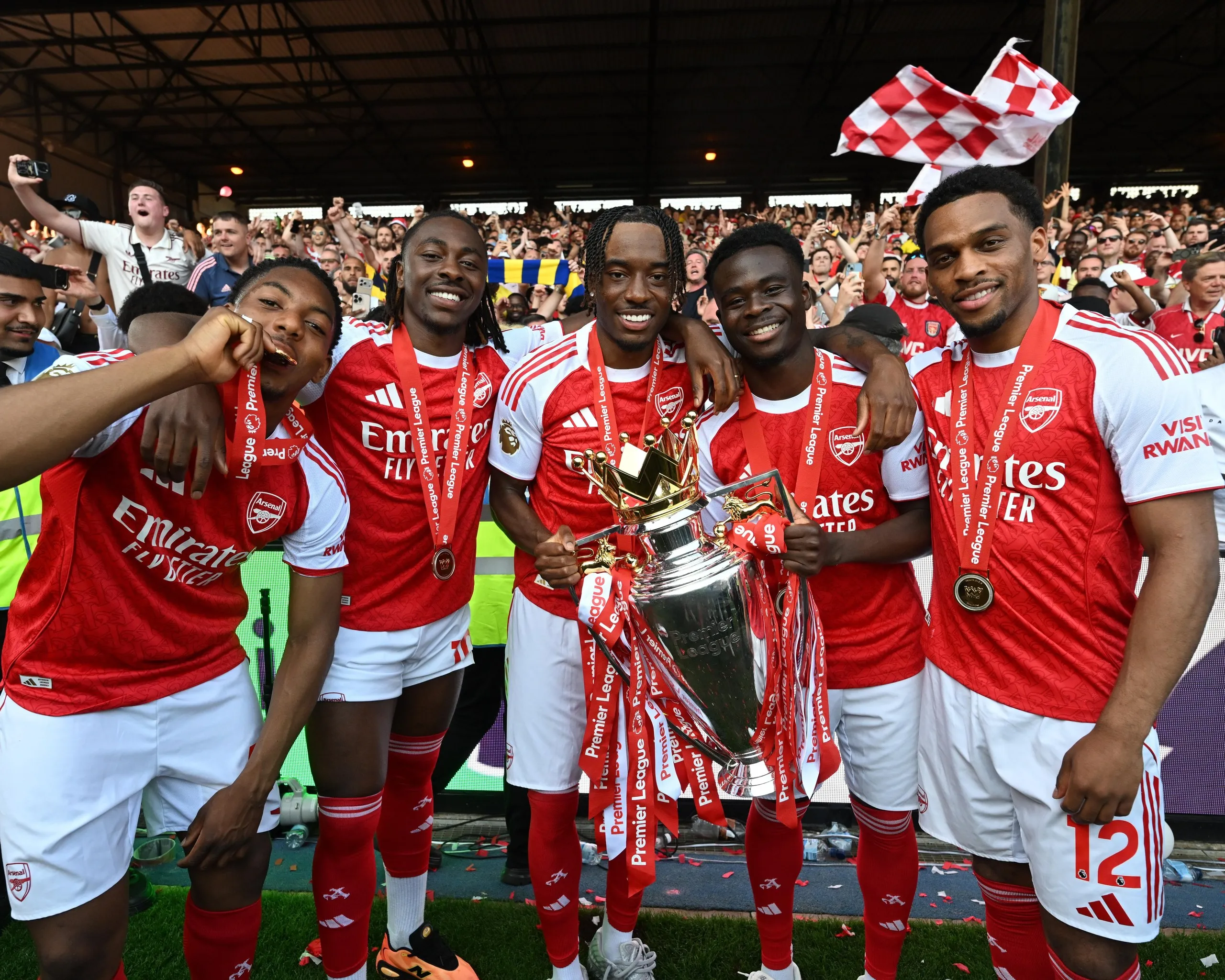 Arsenal’s Myles Lewis-Skelly, Eberechi Eze, Noni Madueke, Bukayo Saka and Jurrien Timber celebrate after the Premier League match between Crystal Palace and Arsenal at Selhurst Park.