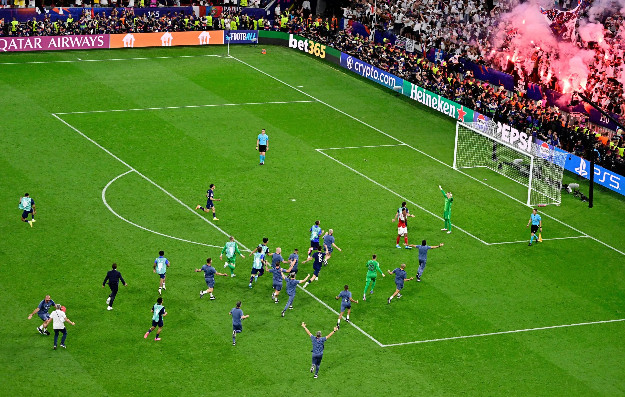Paris St Germain players celebrate winning the Champions League.