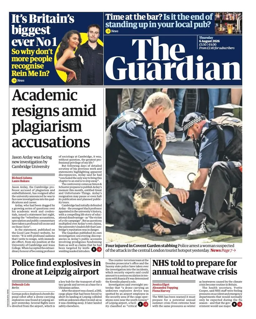 Front page of the Guardian 6 August 2026