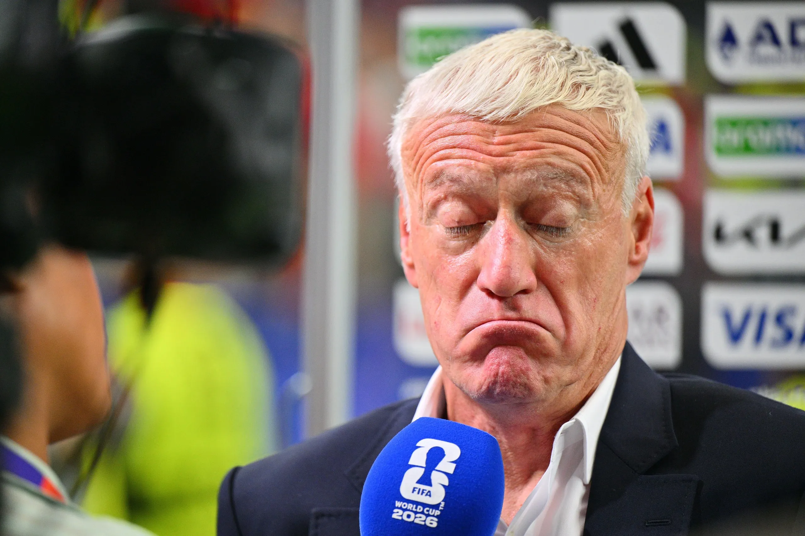 France's manager Didier Deschamps is interviewed after losing the FIFA World Cup 2026 semi-final against Spain.