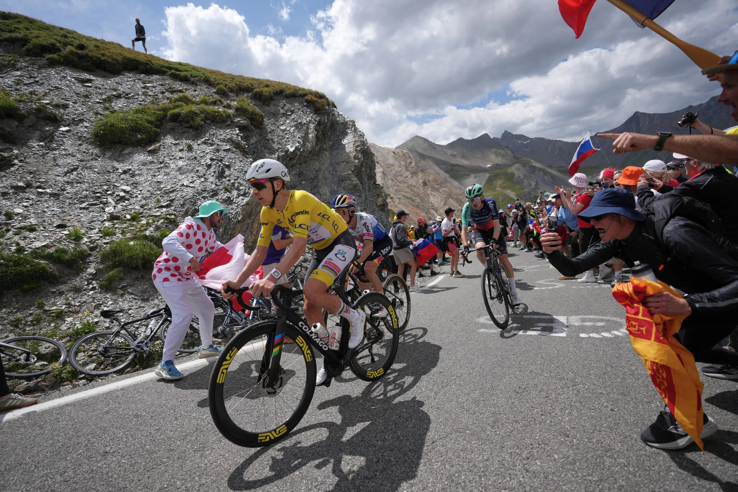 Tadej Pogacar climbs the Galibier pass ahead of Remco Evenepoel and Paul Seixas on Saturday’s stage to Alpe d’Huez.