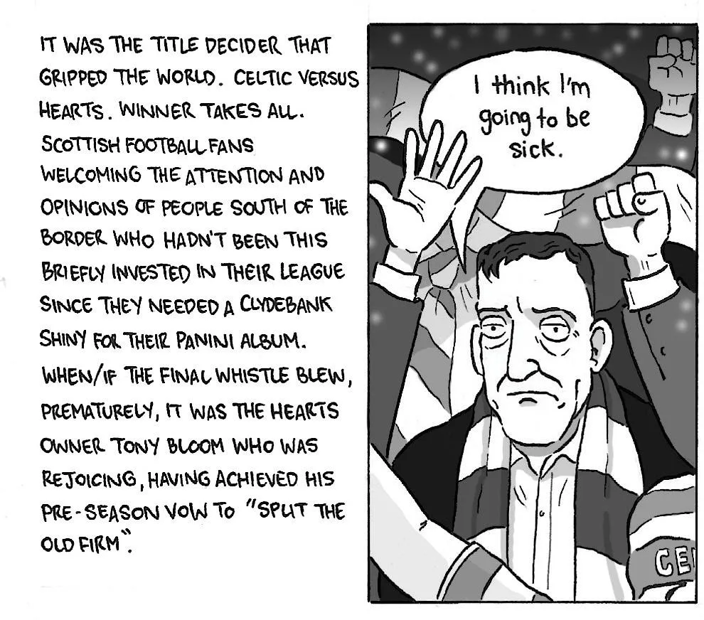 David Squires cartoon on Celtic v Hearts, panel 1