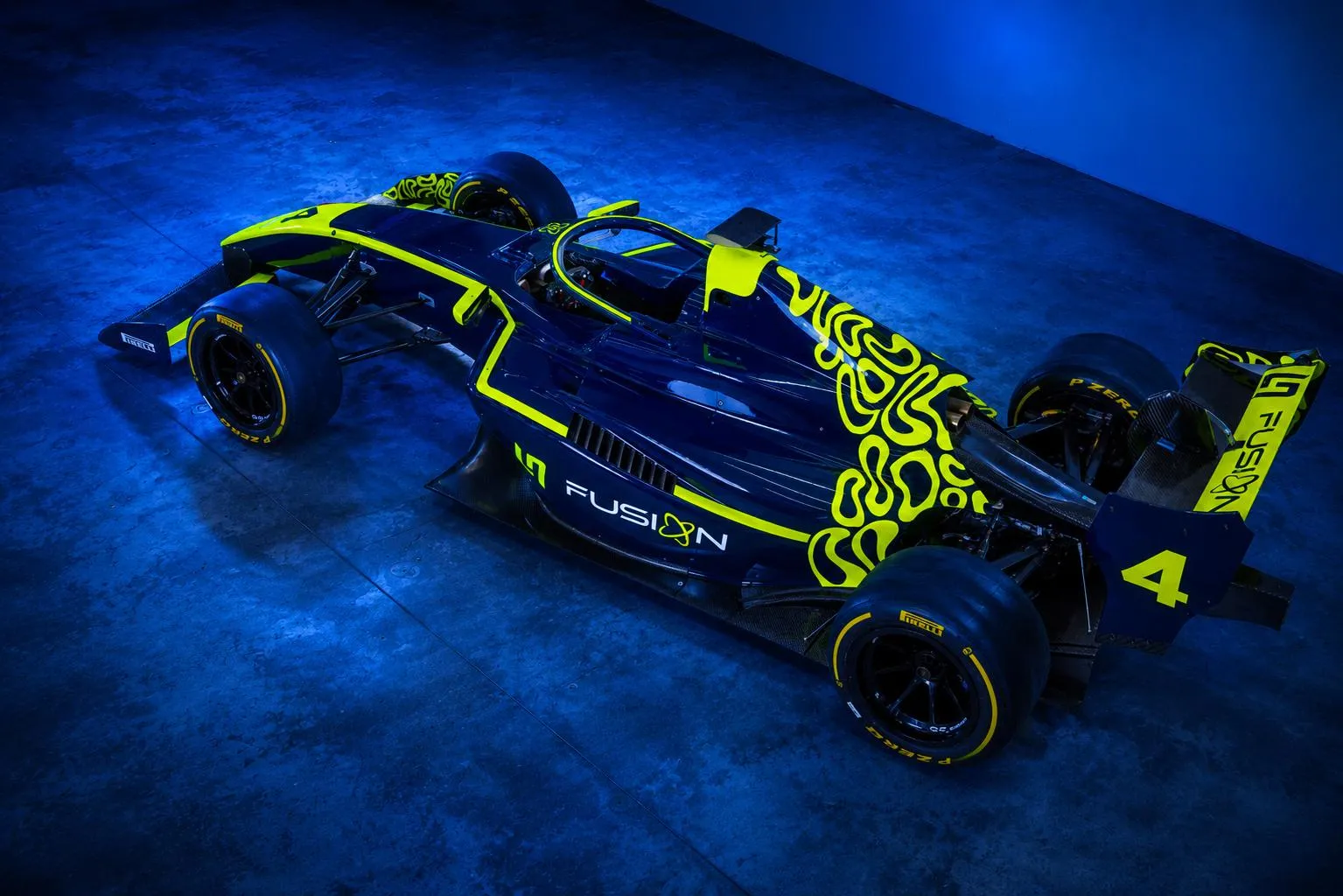 LN4 Fusion's F3 car side view on a blue background
