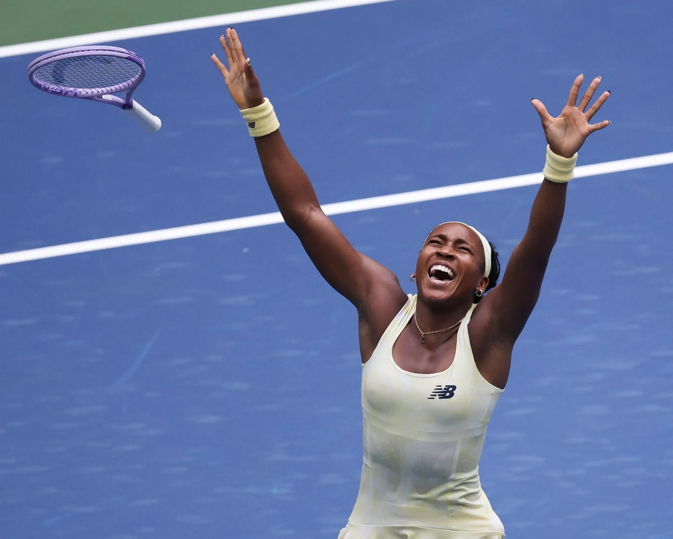 Coco Gauff celebrates after fighting back from a nightmare first set to beat Mirra Andreeva.