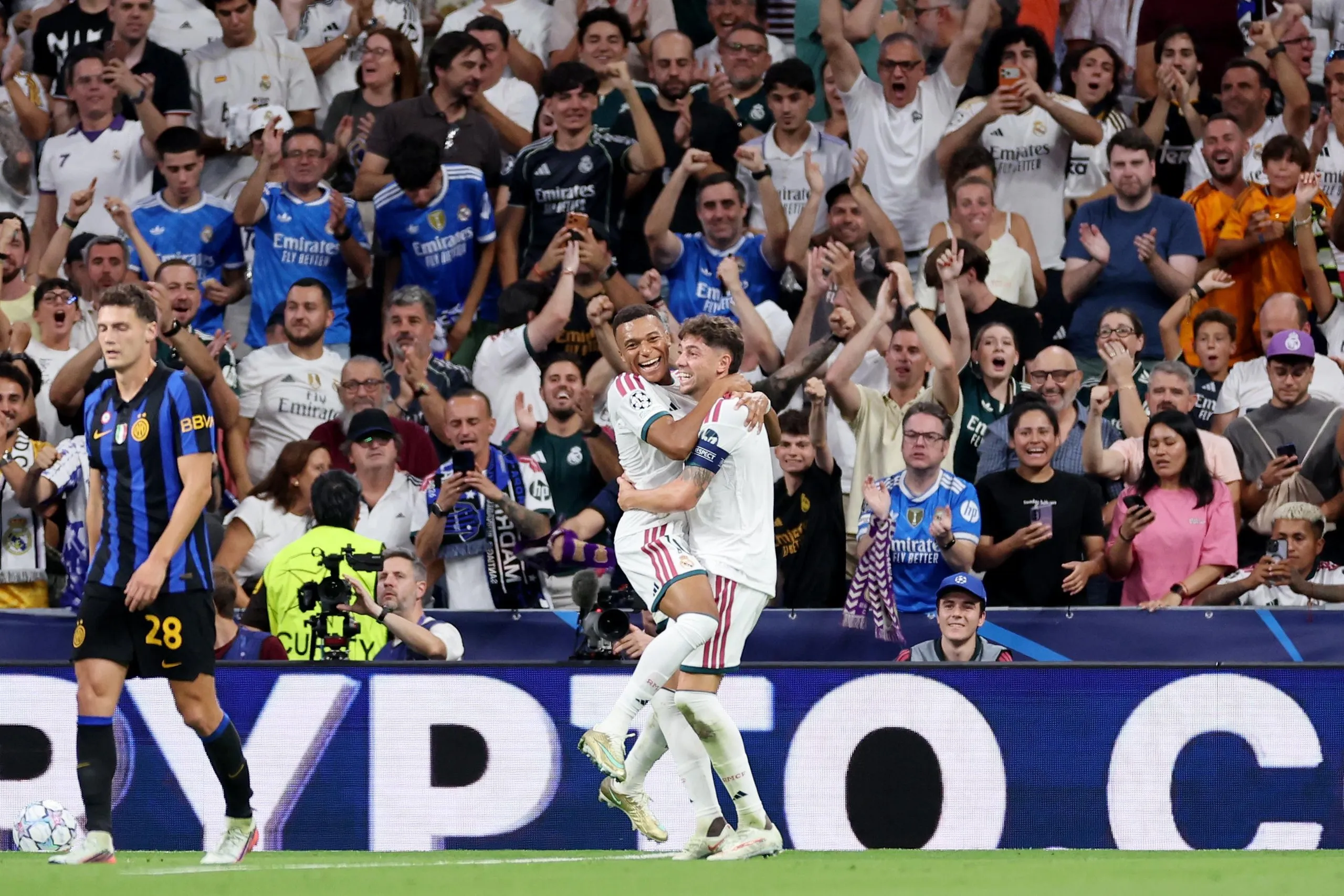 Federico Valverde (right) celebrates with fellow goalscorer Kylian Mbappe after doubling Real Madrid’s lead over Inter.