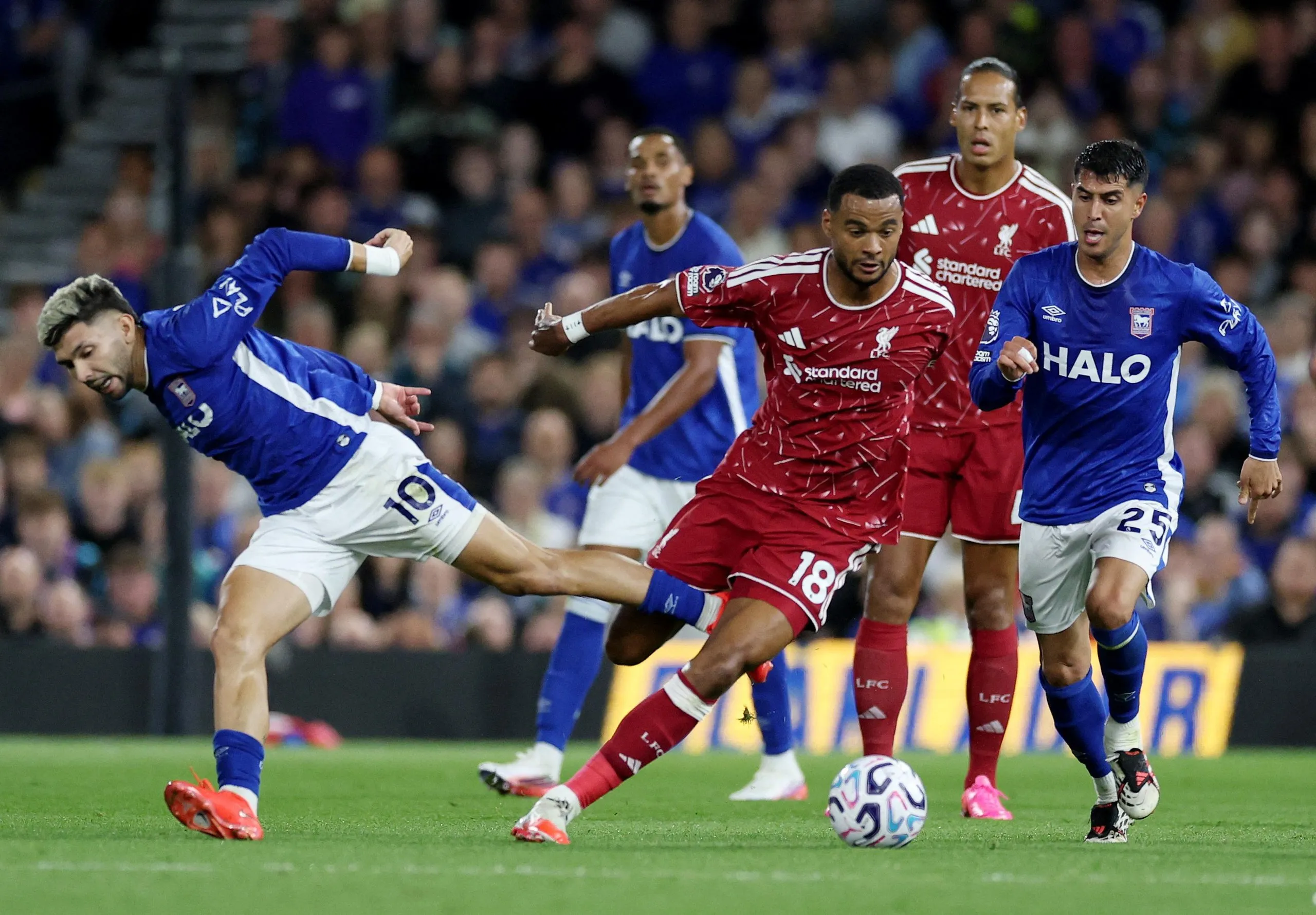 Liverpool’s Cody Gakpo tries to break clear of Ipswich’s Julio Enciso