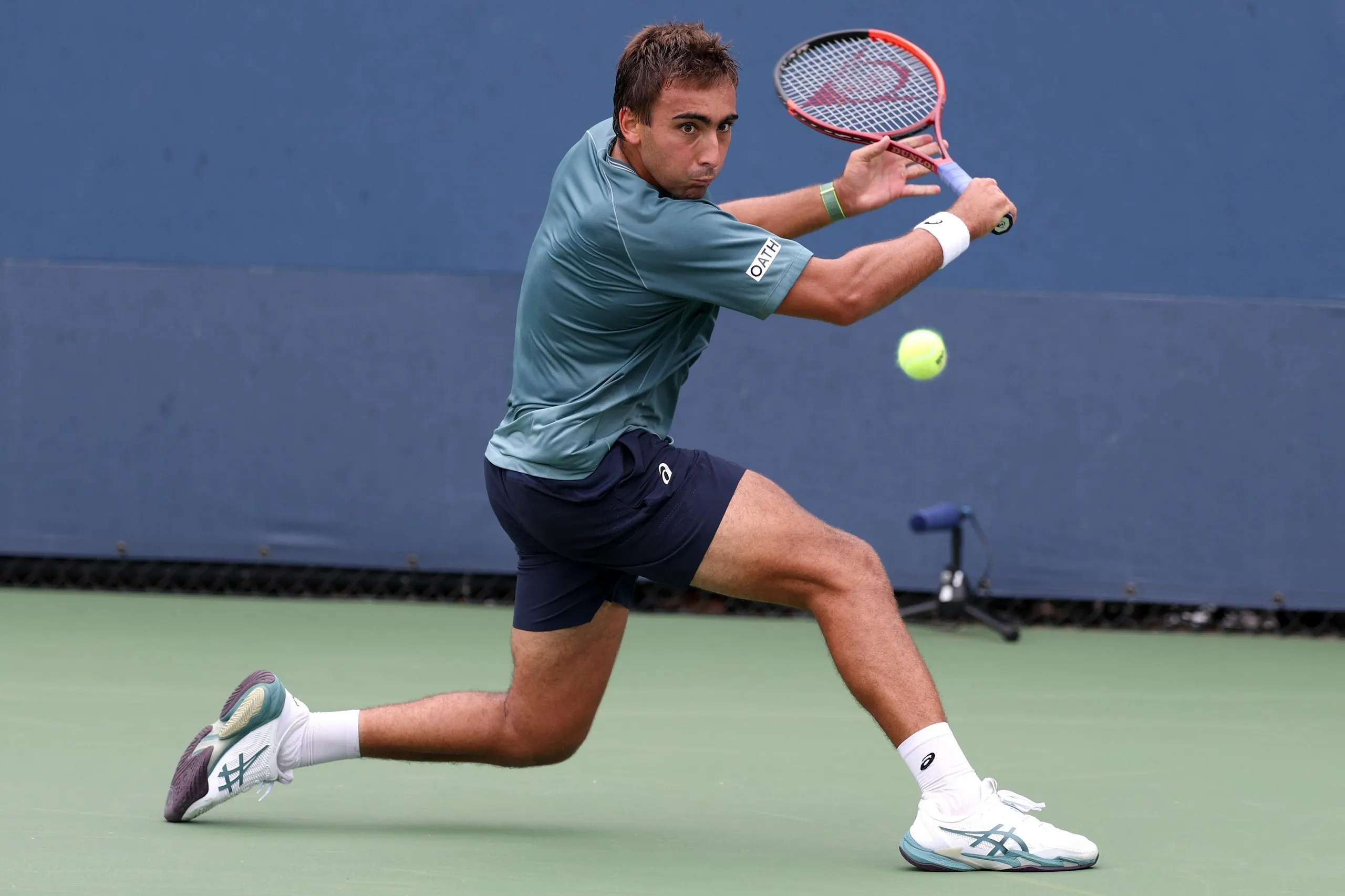 Daniel Merida prepares to chop a backhand during his victory over Andrey Rublev.