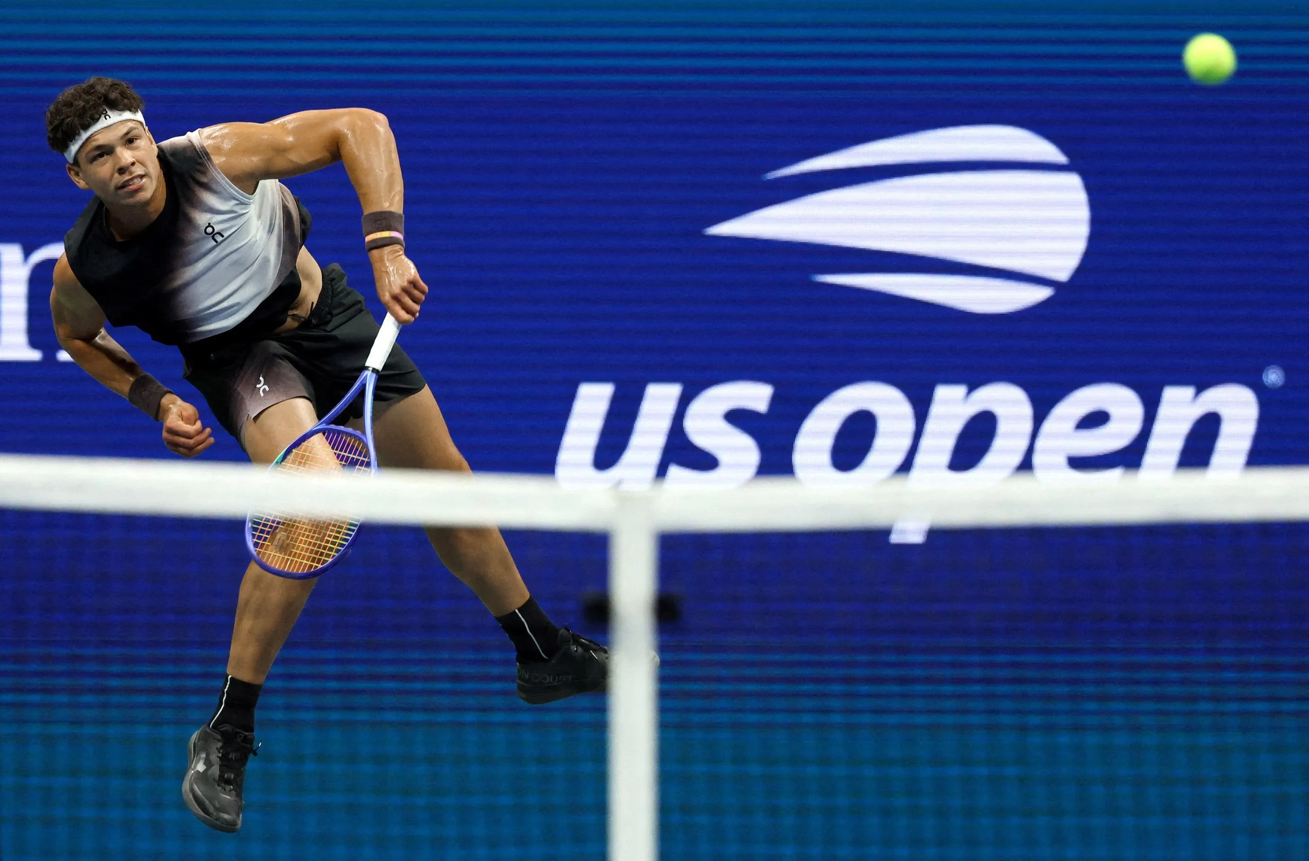 Ben Shelton serves during his US Open semi-final against fellow American Frances Tiafoe at Flushing Meadows.