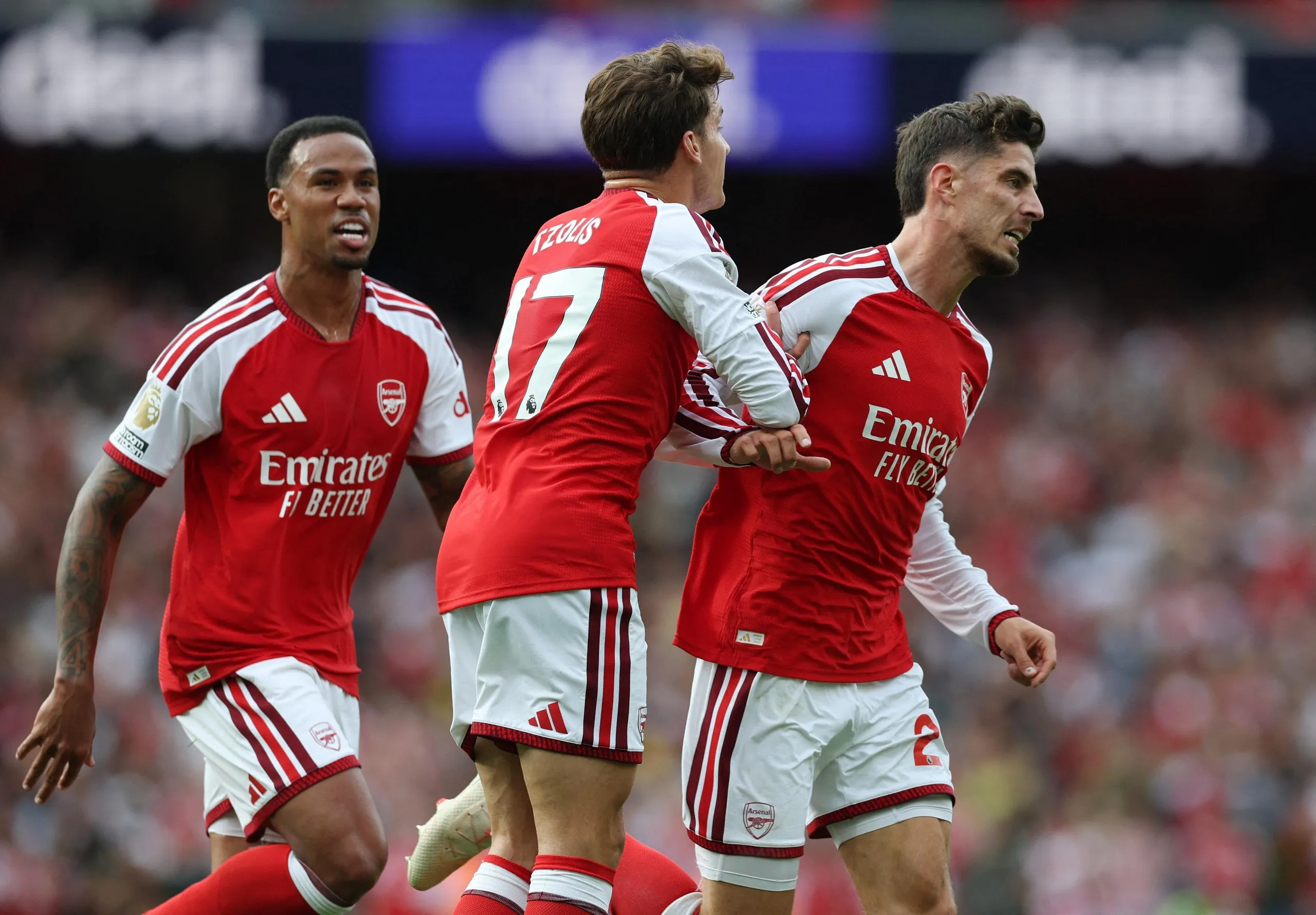 Kai Havertz celebrates scoring Arsenal’s first goal with Christos Tzolis and Gabriel