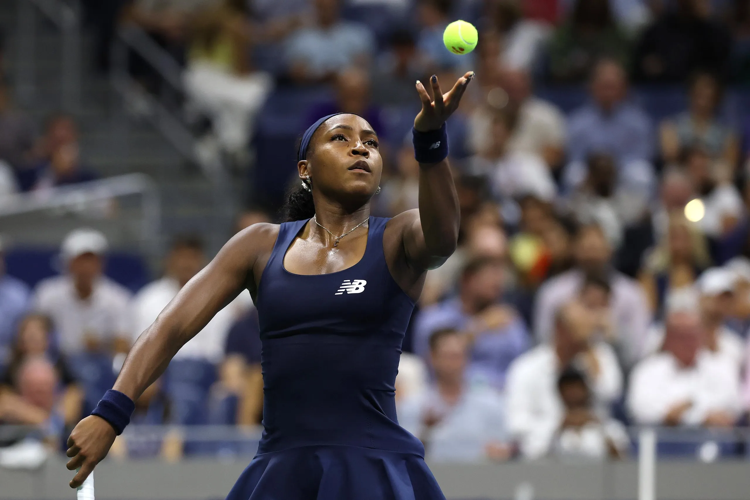 Coco Gauff serves during her straight-sets victory over Zeynep Sonmez in the first round of the US Open on Tuesday.