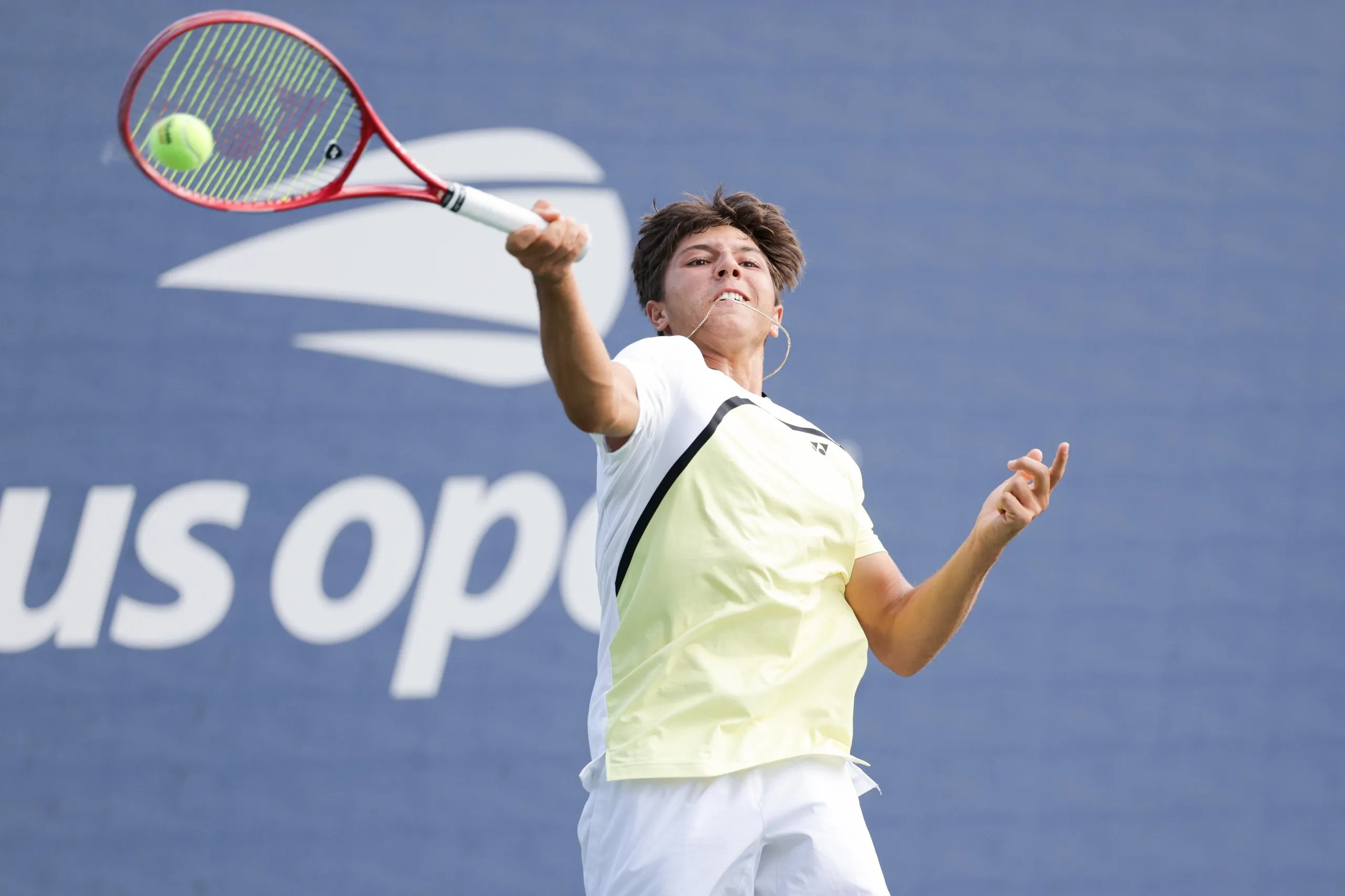 Teodor Davidov in action against Connor Doig during the junior boys’ singles competition at the US Open.