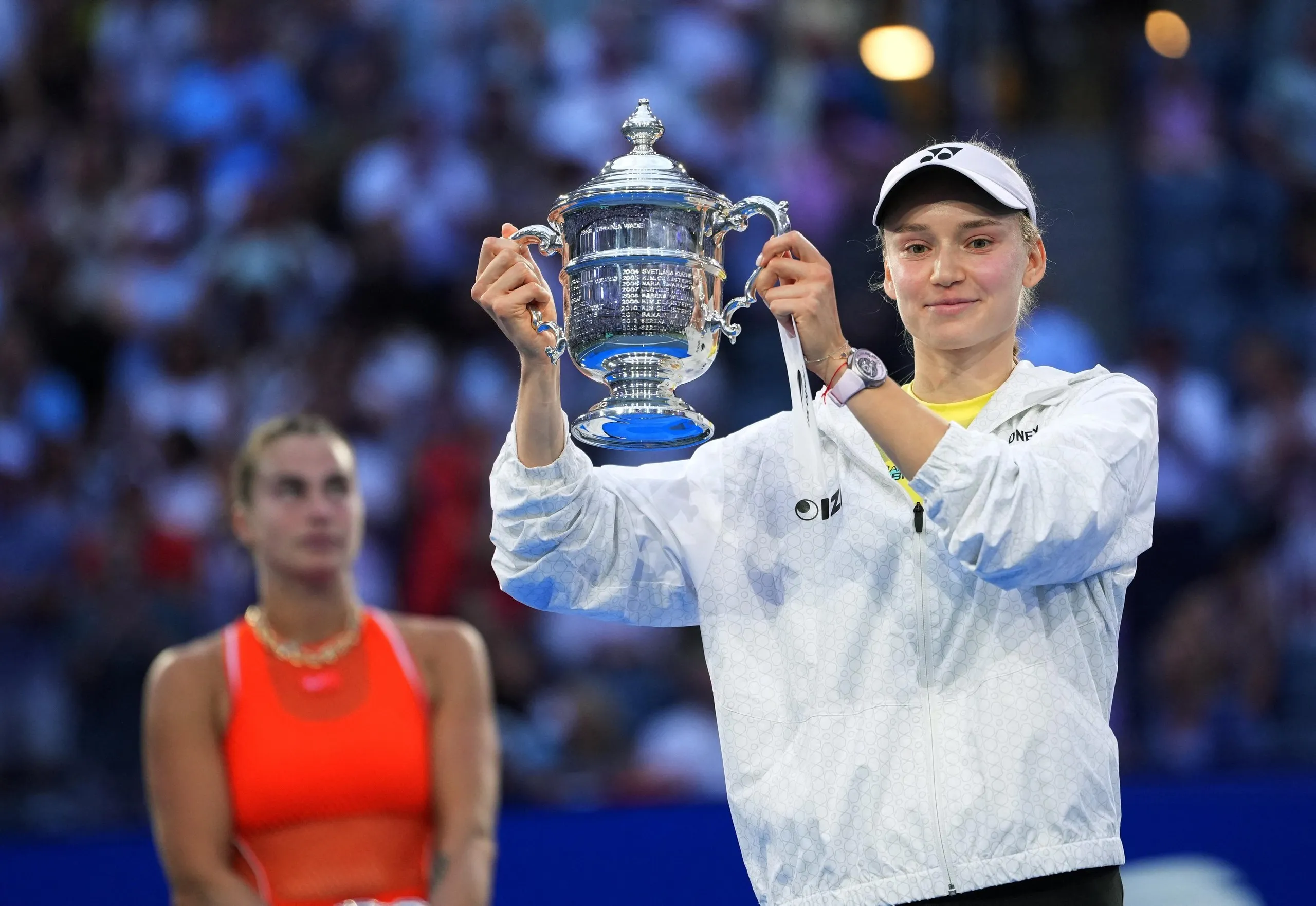 Elena Rybakina celebrates beating Aryna Sabalenka in the women’s singles final