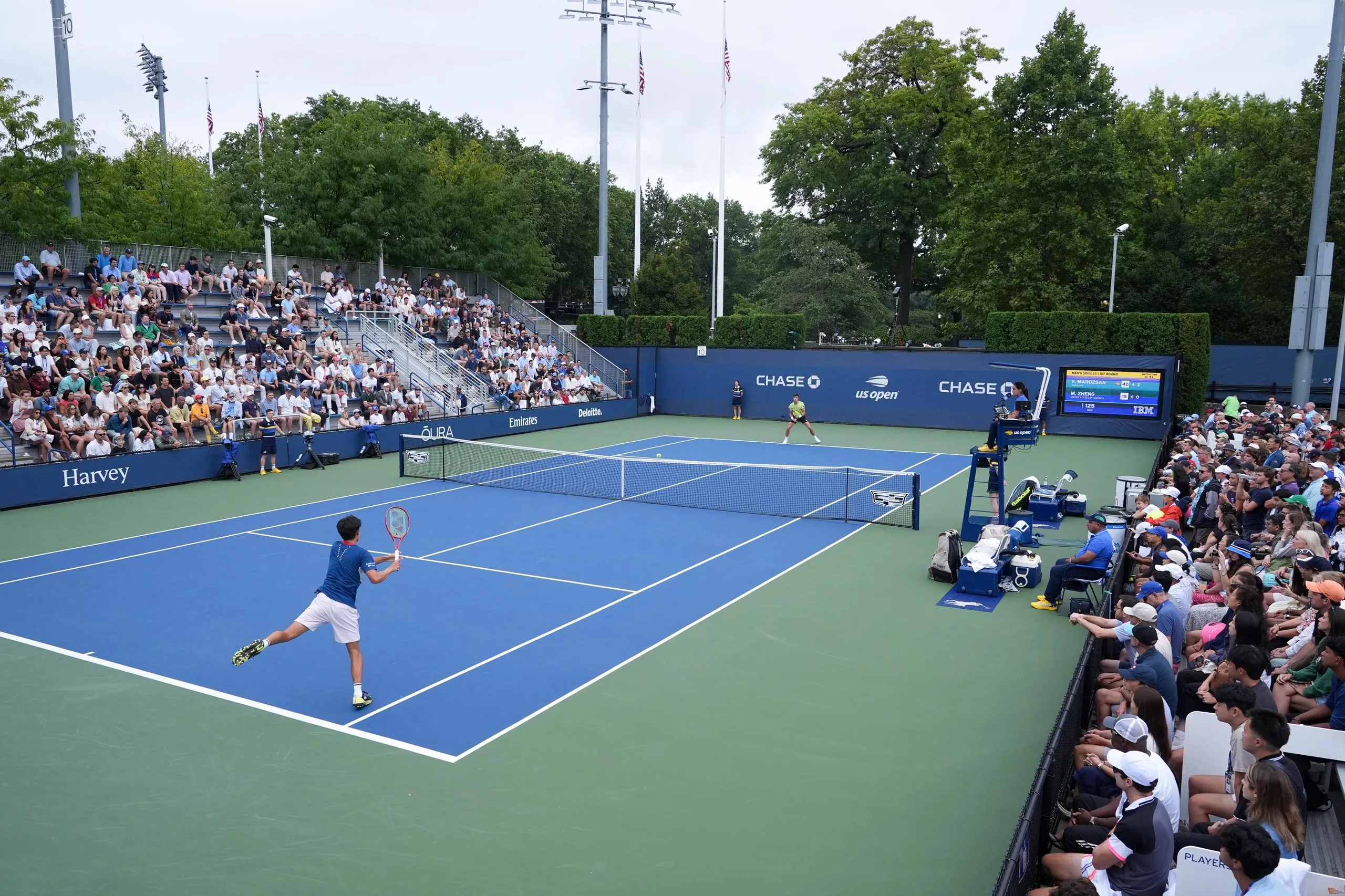 Michael Zheng in action against Fabian Marozsan on Court 10 during their first-round match at the US Open on Wednesday in New York.