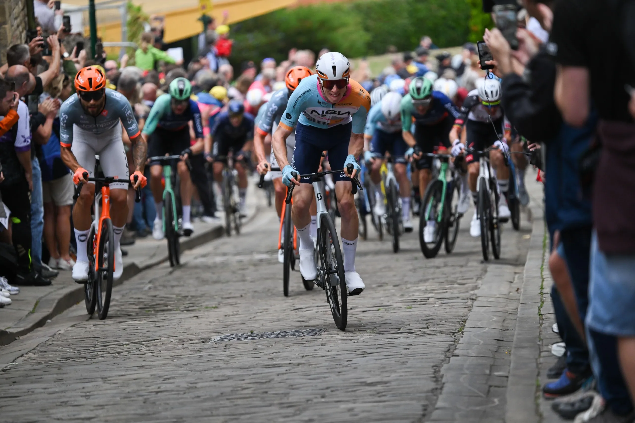 Lewis Askey leads the way on the cobbles in Lincoln.