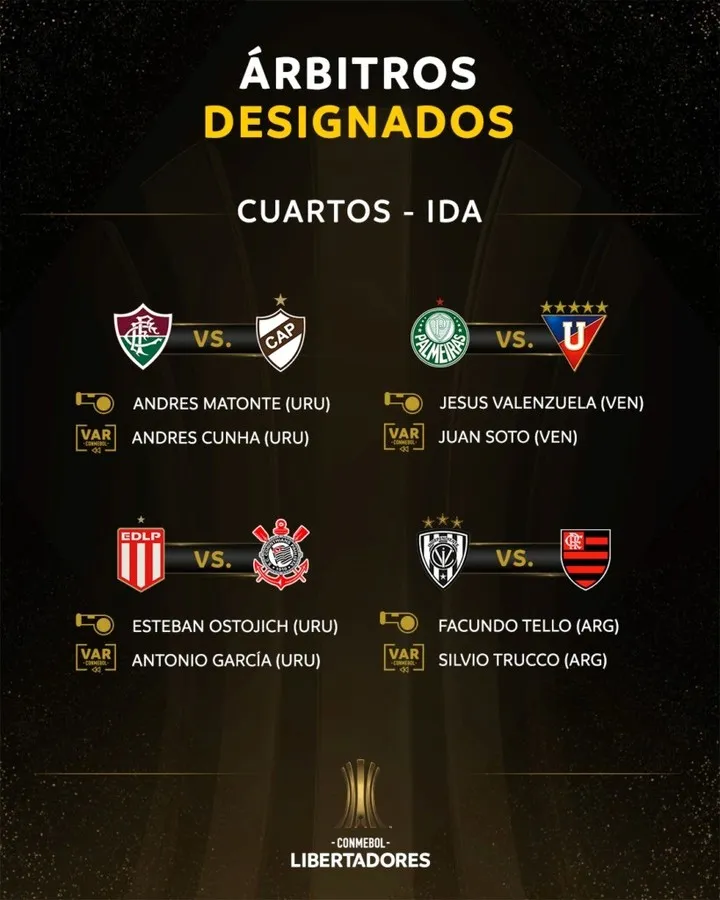 La Conmebol designó a los árbitros para la ida de los cuartos de la Libertadores y Sudamericana